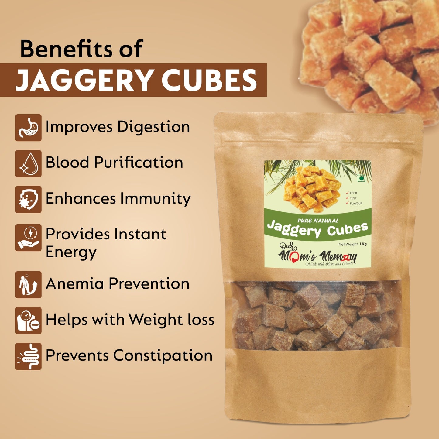 Jaggery Cube 1 kg | Pure, Natural, No Preservatives Added, Jaggery Cube, Gud Jaggery, Desi Jaggery (Gur, Gud)