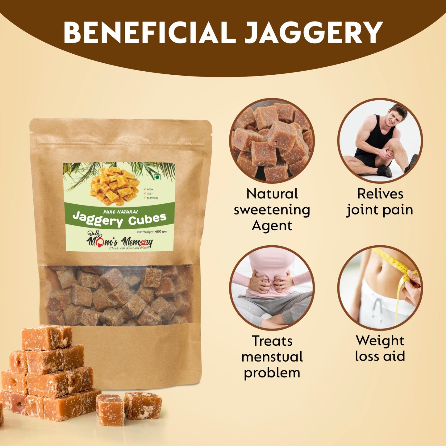 Jaggery Cube 400gm | Pure, Natural, No Preservatives Added, Jaggery Cube, Gud Jaggery, Desi Jaggery (Gur, Gud)